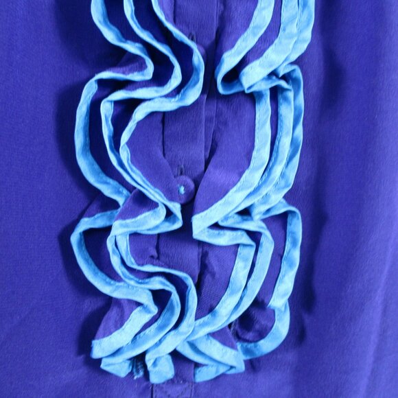 Rebecca Taylor Silk Blouse Shirt Womens 4 Small Blue Ruffle Pull Over Career - Picture 3 of 16